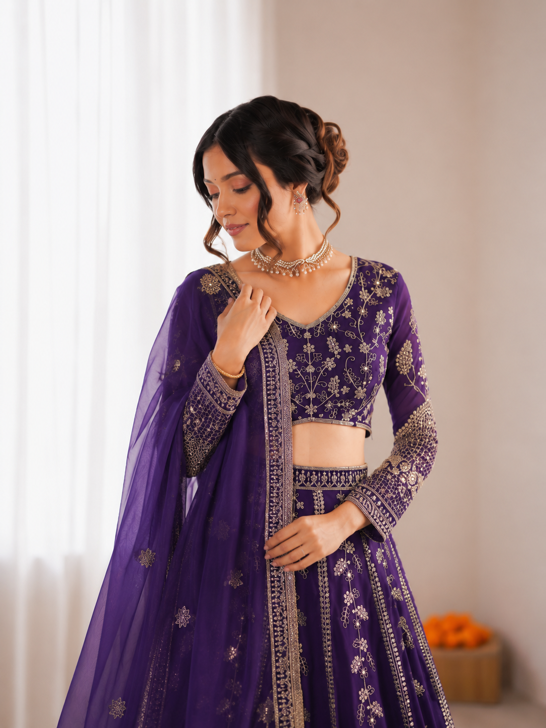 Prazu Fashion Royal Purple Georgette Thread With Sequence Designer Lehenga