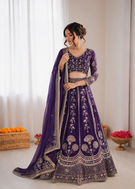 Prazu Fashion Royal Purple Georgette Thread With Sequence Designer Lehenga