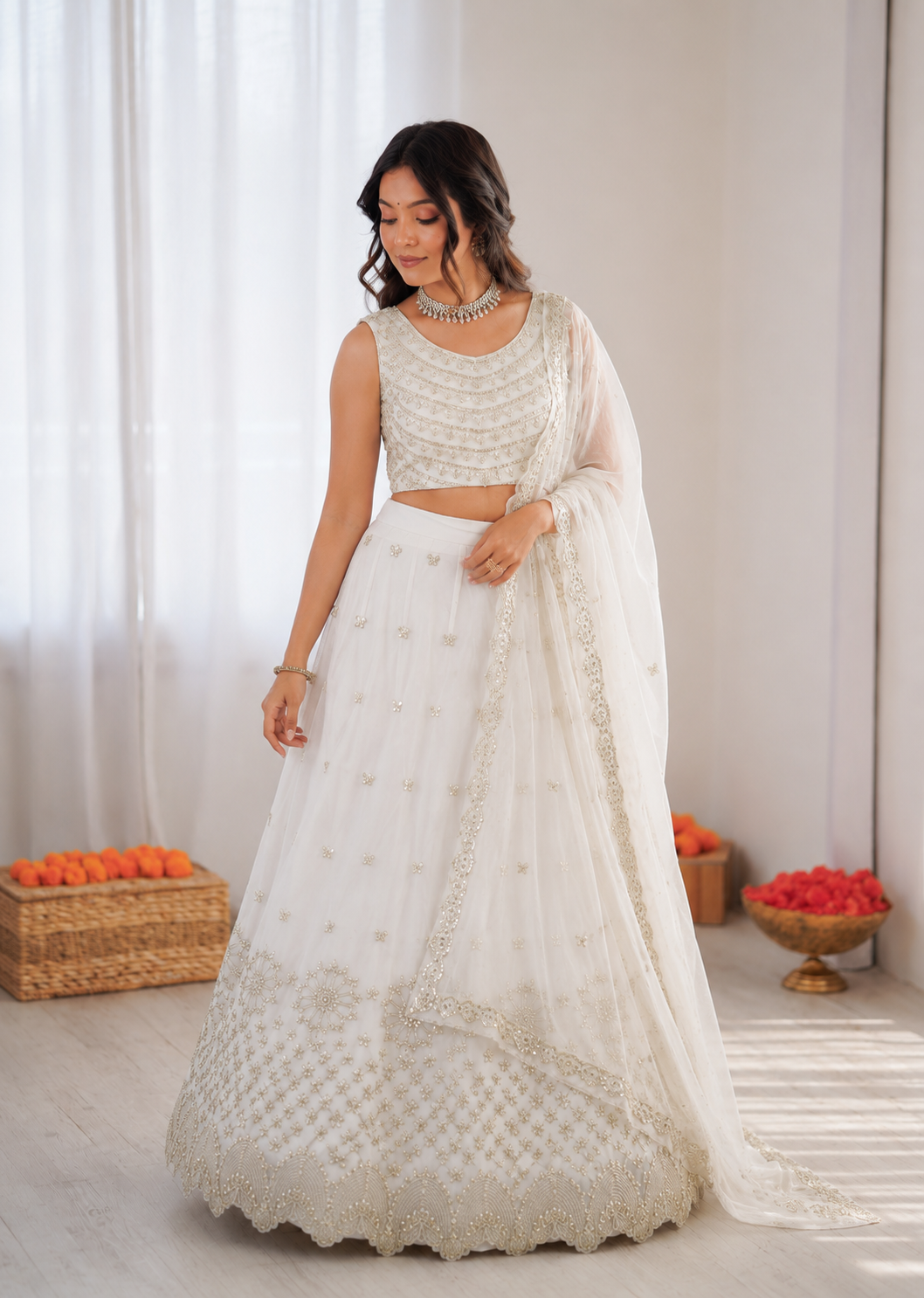 Prazu Fashion Off White Georgette Thread With Sequence Designer Lehenga