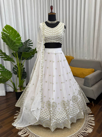 Prazu Fashion Off White Georgette Thread With Sequence Designer Lehenga