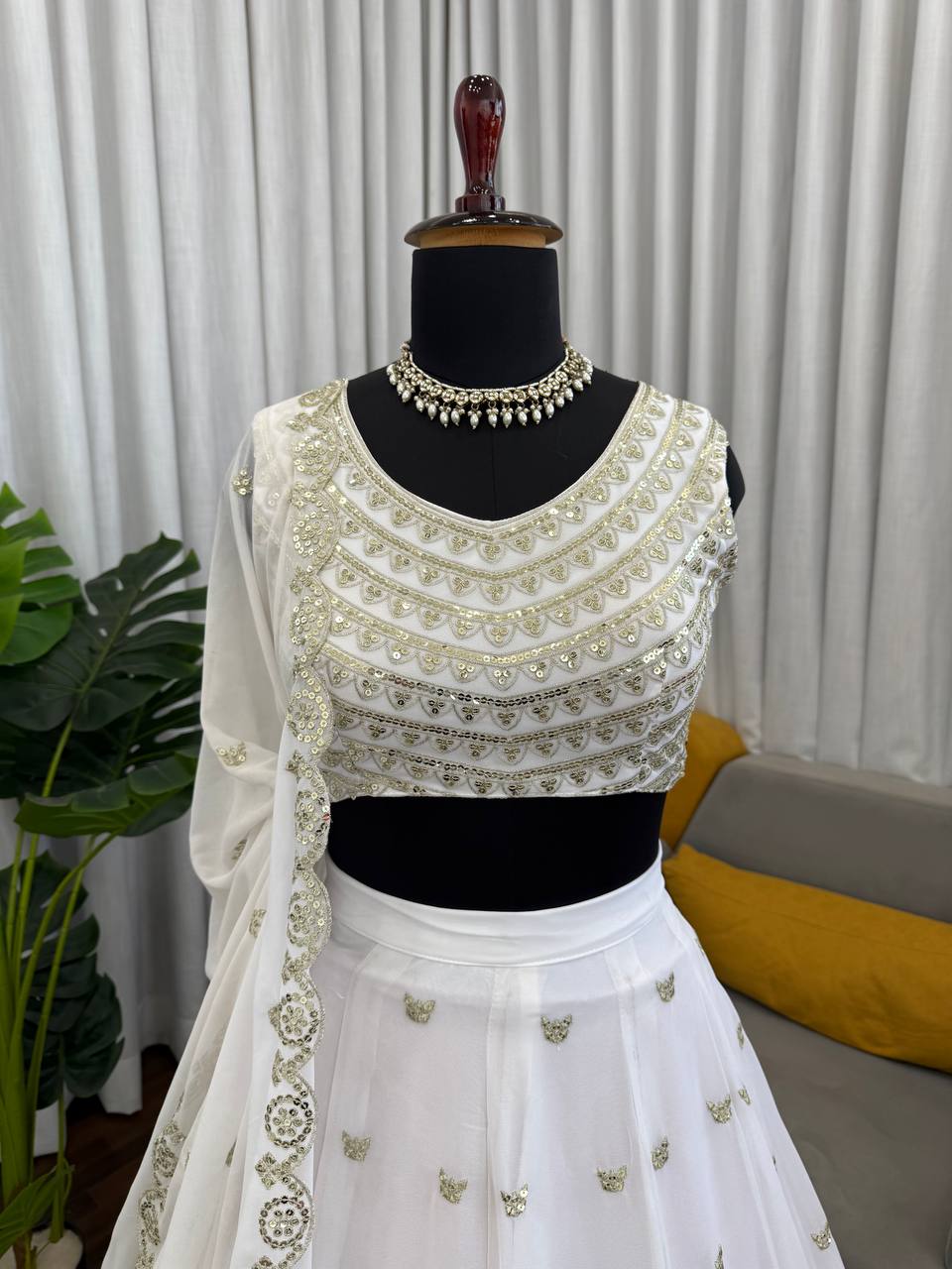 Prazu Fashion Off White Georgette Thread With Sequence Designer Lehenga