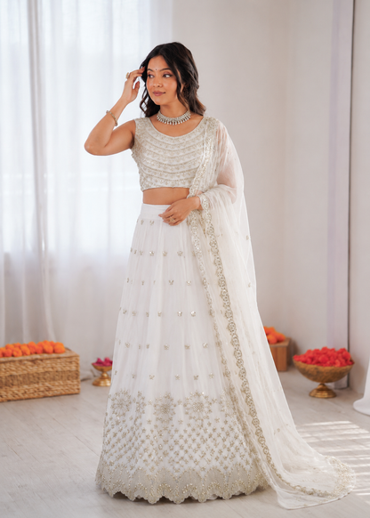 Prazu Fashion Off White Georgette Thread With Sequence Designer Lehenga