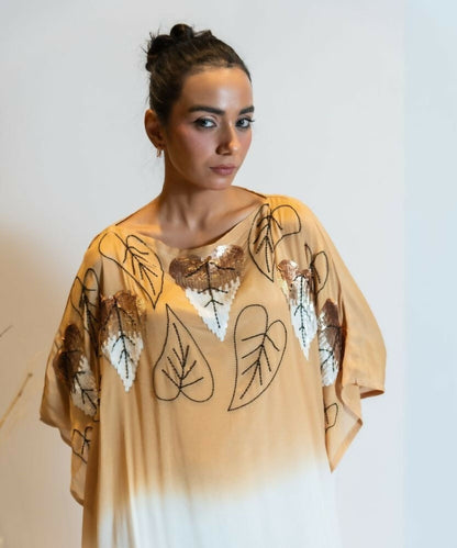Timaraa Camel Beige To Ivory Ombre Embellished Kaftan Dress