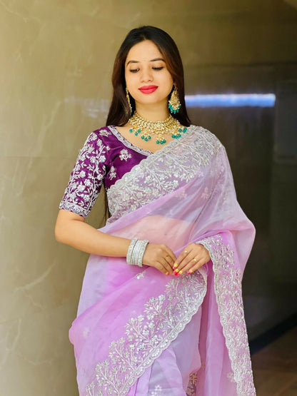 Teeya Creation New Womens Latest Party Wear Soft Organza Saree-Lavender