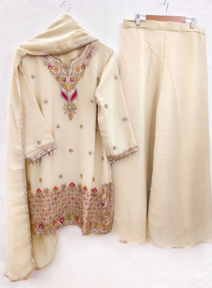 Teeya Creation Designer Beige Festive Palazzo Suit Set with Heavy Embroidery