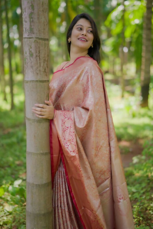 Prime Volt Bridal Kanchipuram Silk Saree with Rich Zari Weaving & Contrast Border-Orange