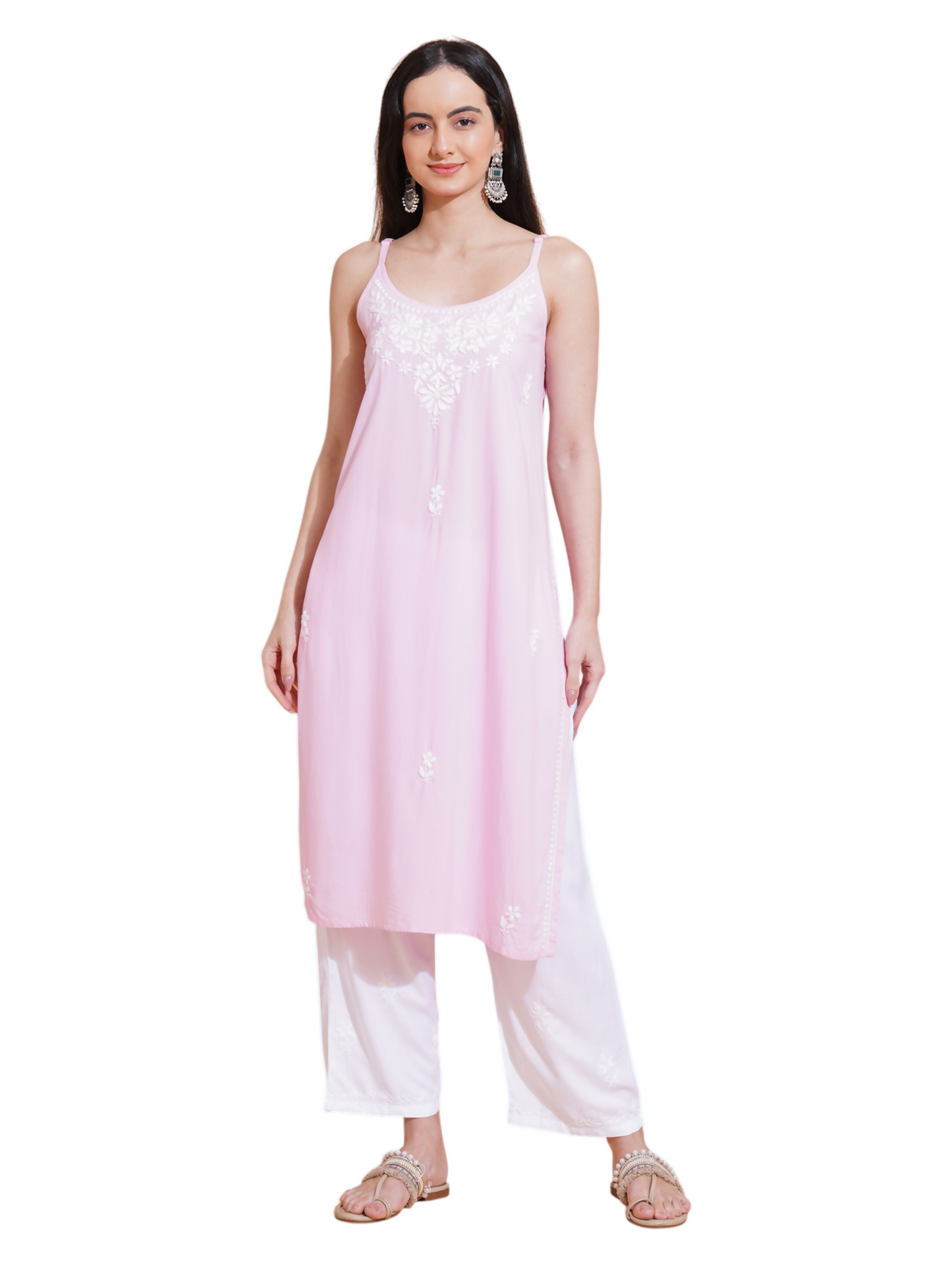 Pahnaz Luxury Rayon Chikankari Sleeveless Long Kurti-Pink