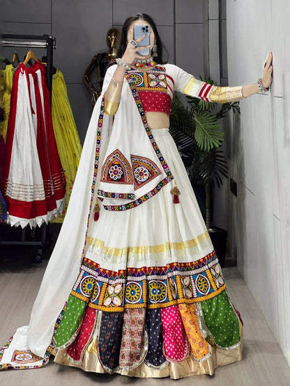 Yash Enterprise Off White Rayon Cotton Embroidery Semi Stitched Navratri Top Chaniya Choli