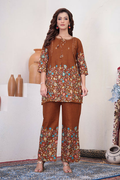 Teeya Creation Brown Floral Printed Short Kurta With Straight Pants Co-Ord Set