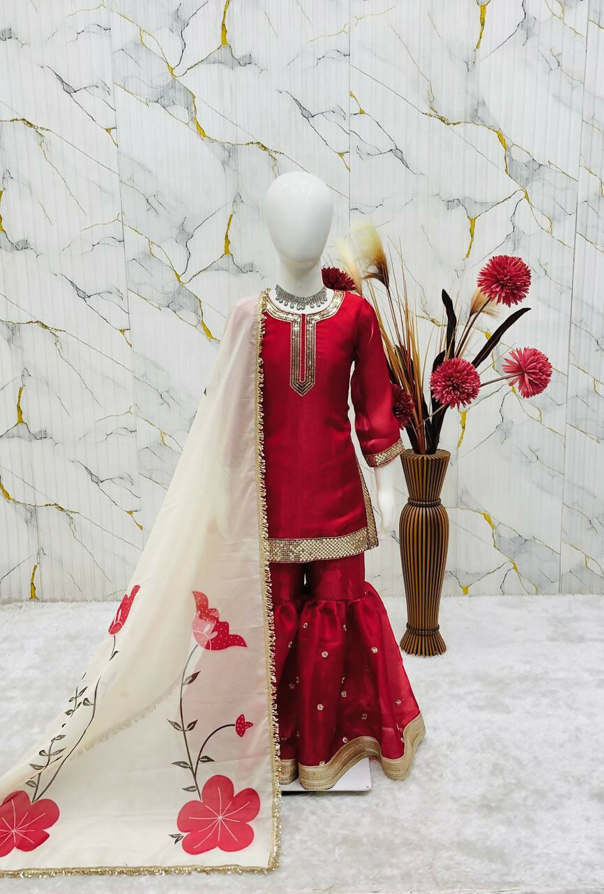 Teeya Creation New Kids Trendy Wedding Wear Traditional Kurta Sharara Set-Maroon