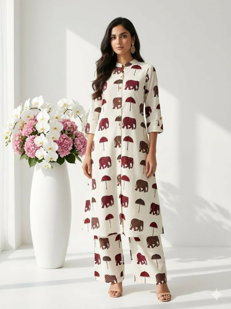 Teeya Creation Women New Trendy Off-White & Maroon Red Elephant Print Cotton Kurta with Palazzos