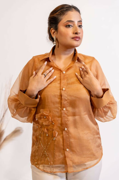 Timaraa Rust Brown Organza Shirt With Pearl & Katdana Embellishment