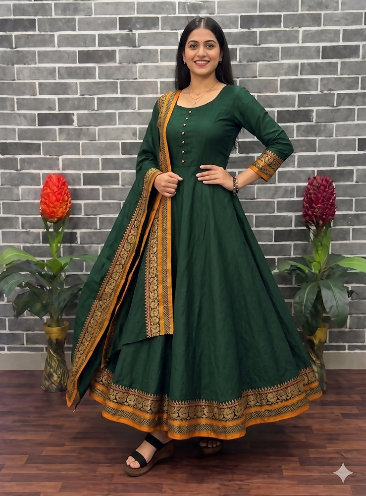 Teeya Creation New Trendy Stylish Green Solid Anarkali Kurta with Traditional Golden Border Dupatta Set