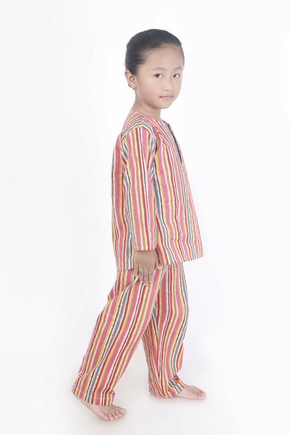 Breathables Kids Cotton Stripes Print Kurta Pyjama Night Suit - Multicolor