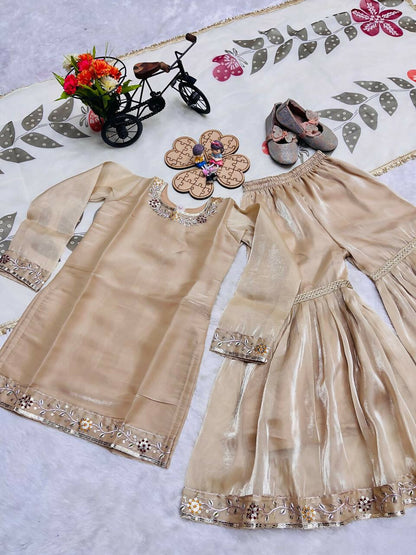 Teeya Creation New Kids Wedding Wear Heavy Embroidery Sequence Work Kurta Sharara Set-Beige