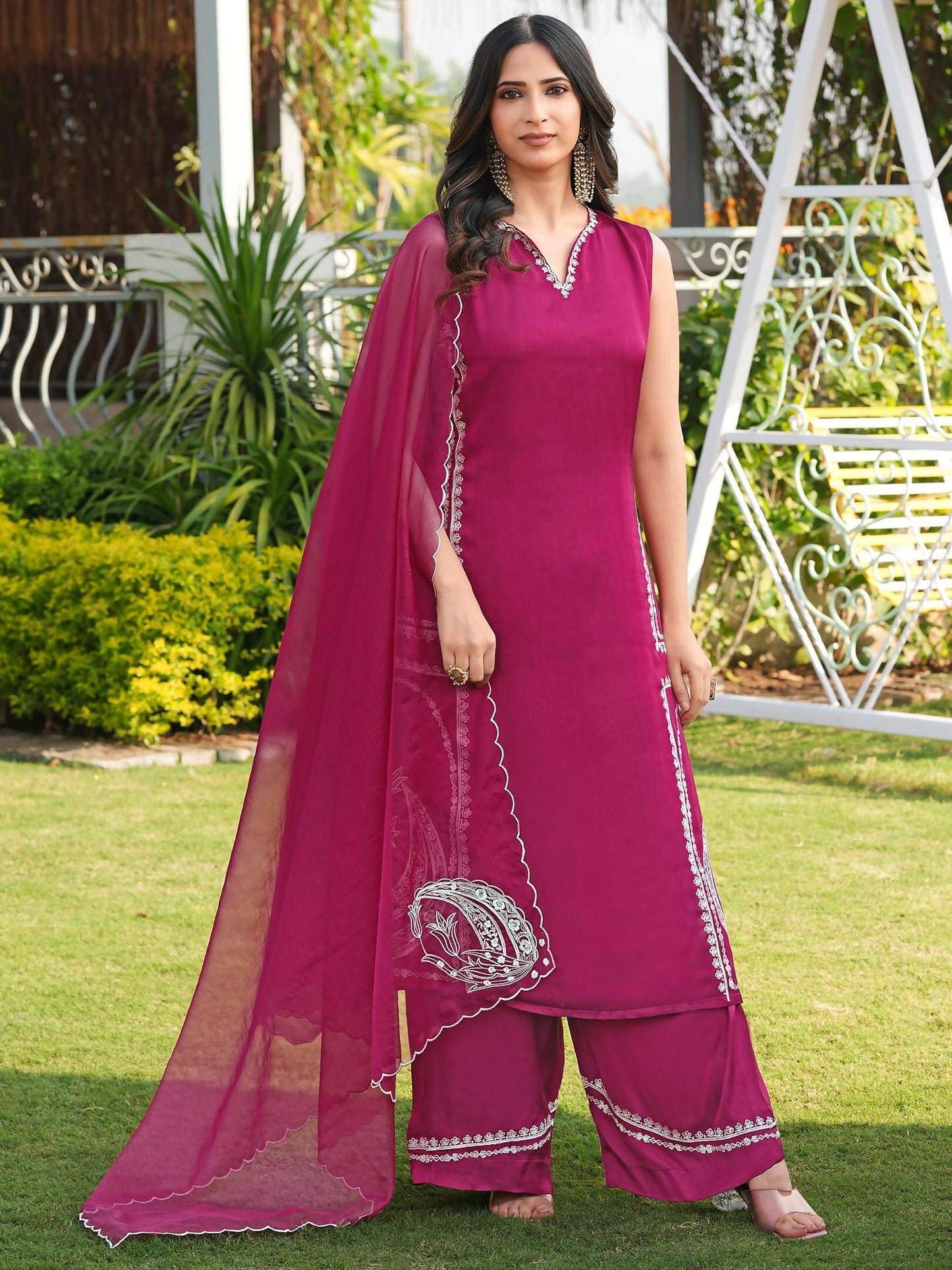 Nikhaar Pink Embroidered Modal Silk Stitched Straight Cut Kurta Culottes Dupatta Readymade Suit