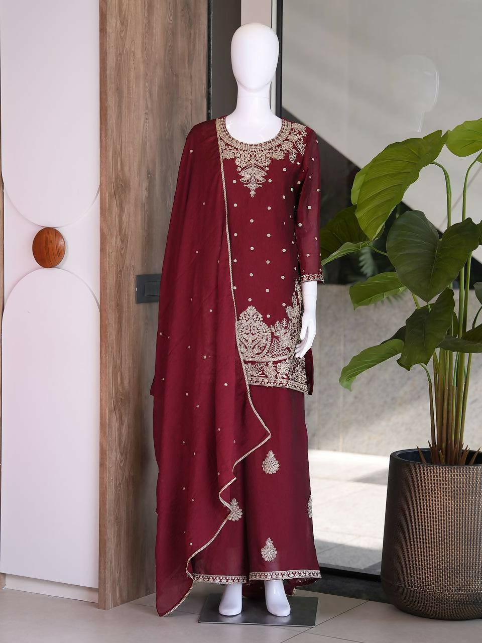 Teeya Creation New Latest Stylish Kurta Palazzo Set - Red