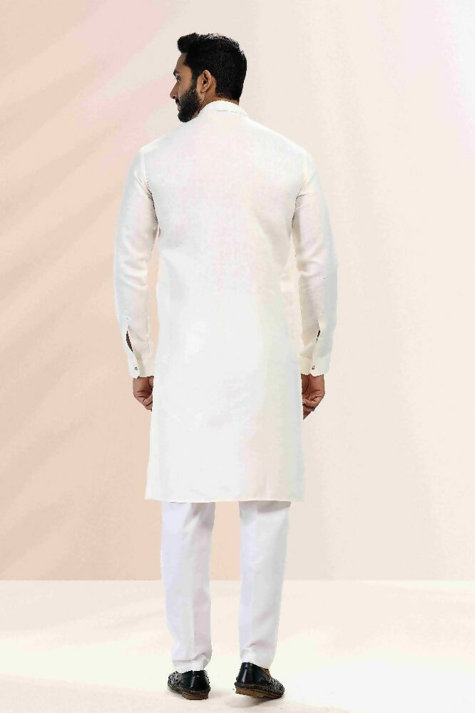Raivat Ethnic Linen Cotton Pintux Work Kurta Pajama In Cream Colour