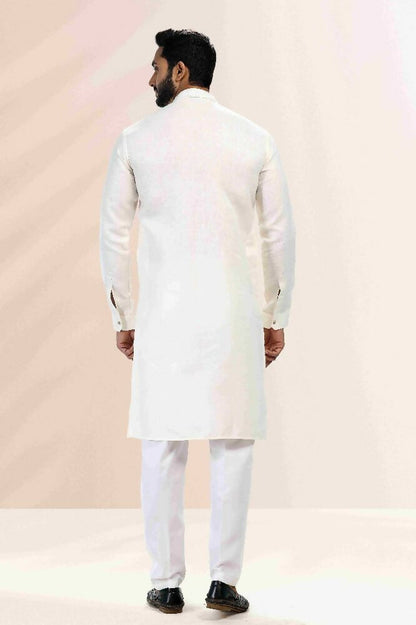 Raivat Ethnic Linen Cotton Pintux Work Kurta Pajama In Cream Colour