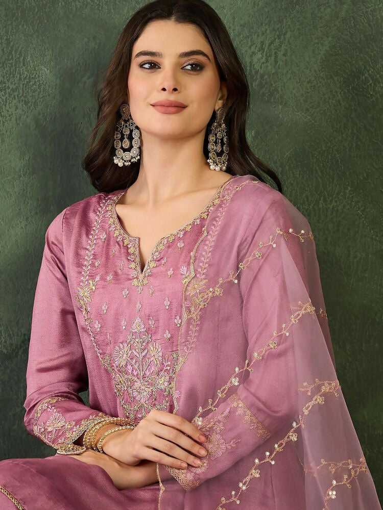 The52 Women's Gorgeous Embroidery Work Viscose Silk Fabric A-line Kurta Sharara and Dupatta Set