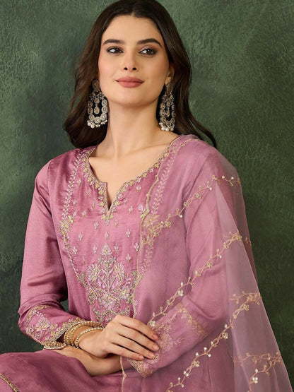 The52 Women's Gorgeous Embroidery Work Viscose Silk Fabric A-line Kurta Sharara and Dupatta Set