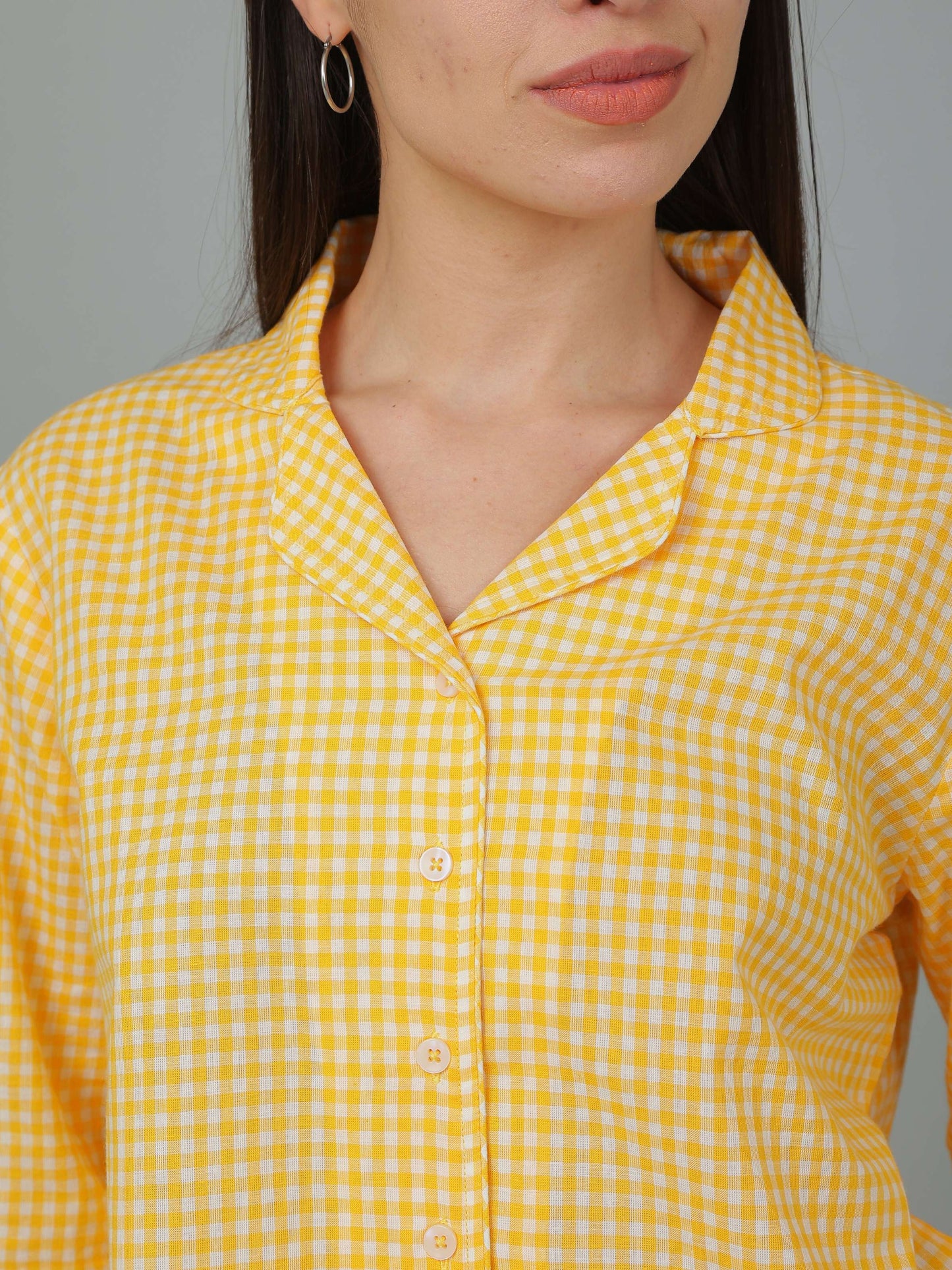Breathables Women Cotton Checks Night Suit Shirt And Pants Co-Ord Set I Night Wear-Yellow