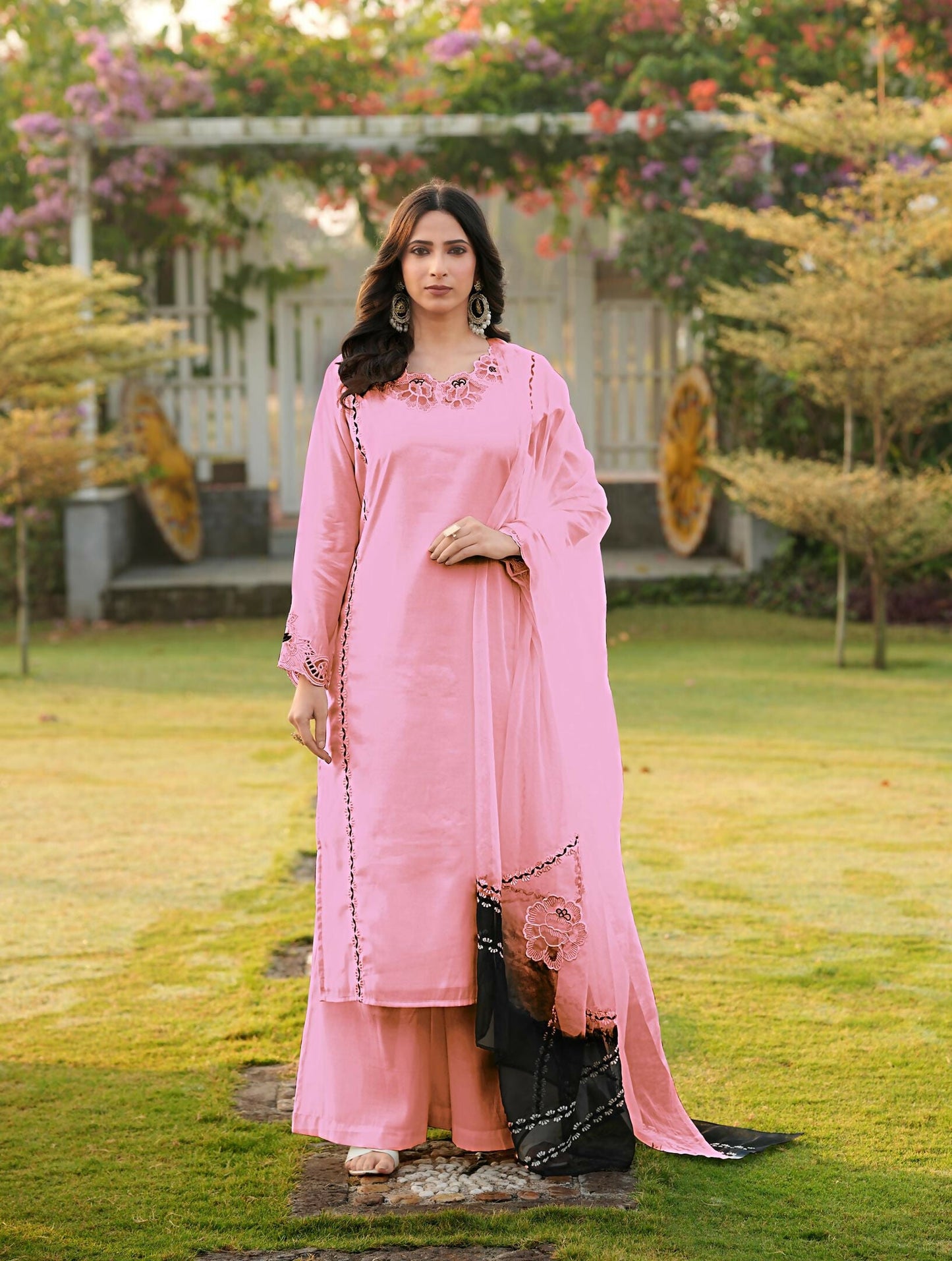 Nikhaar Light Pink Embroidered Art Silk Stitched Straight Cut Kurta Palazzo Dupatta Readymade Suit