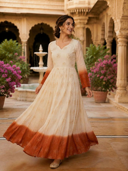 Teeya Creation Rust and White Gradient Anarkali Gown with Gold Floral Motifs