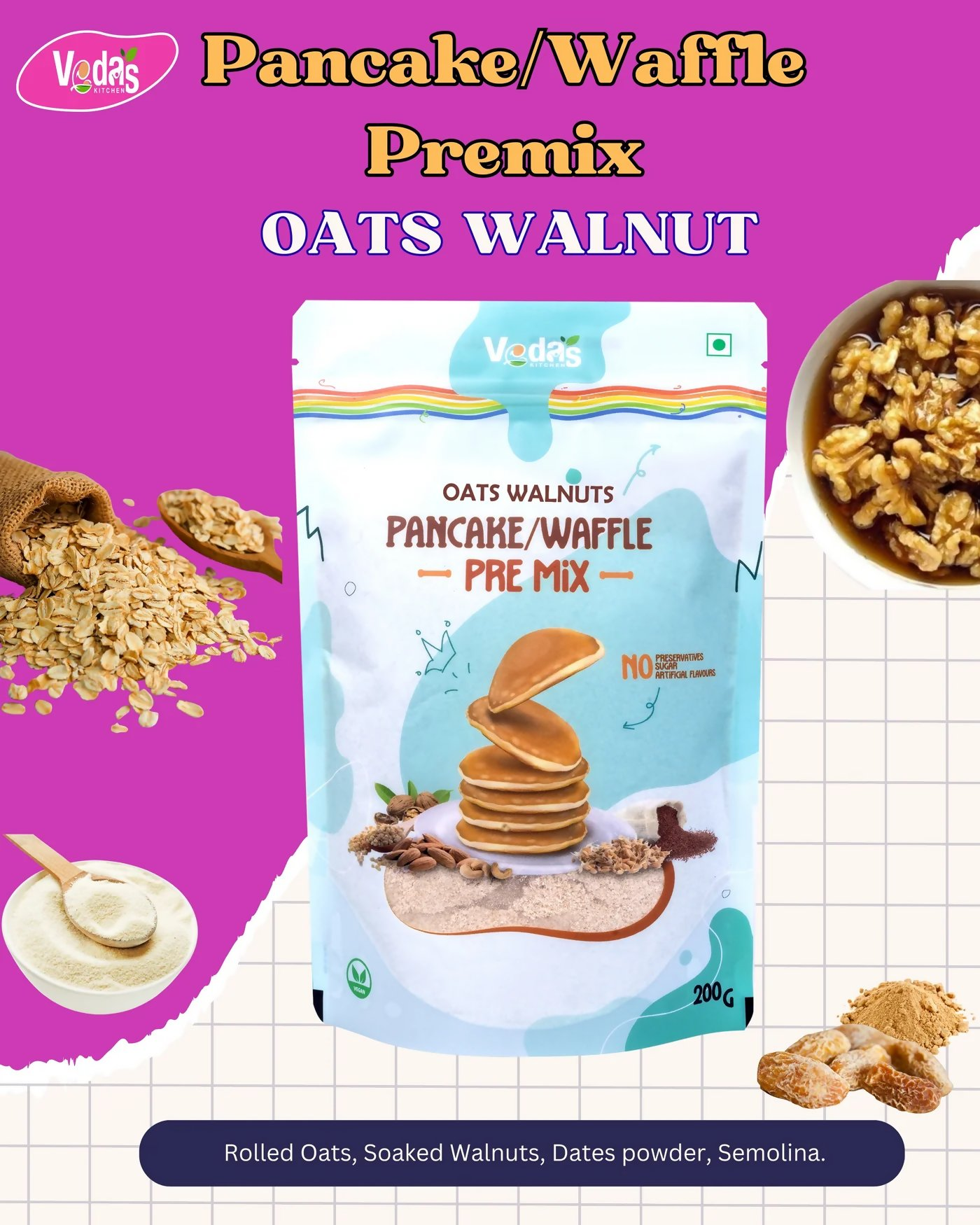 Vedas Kitchen Oats Walnuts Waffle/Pancake Premix