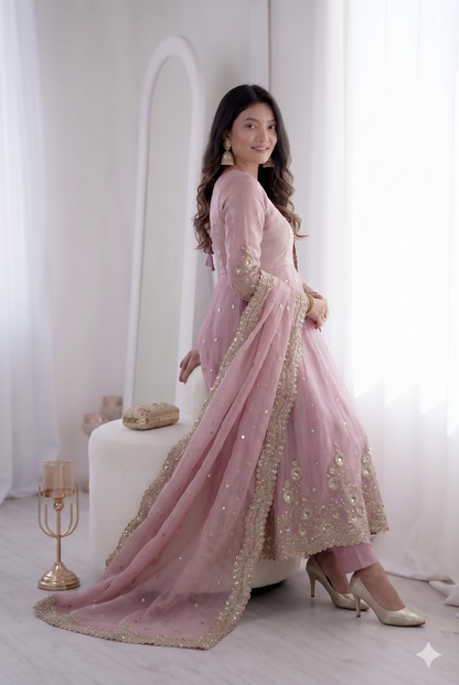 Teeya Creation Womens New Latest Trendy Elegant Baby Pink Embroidered Anarkali Suit Set with Scalloped Dupatta