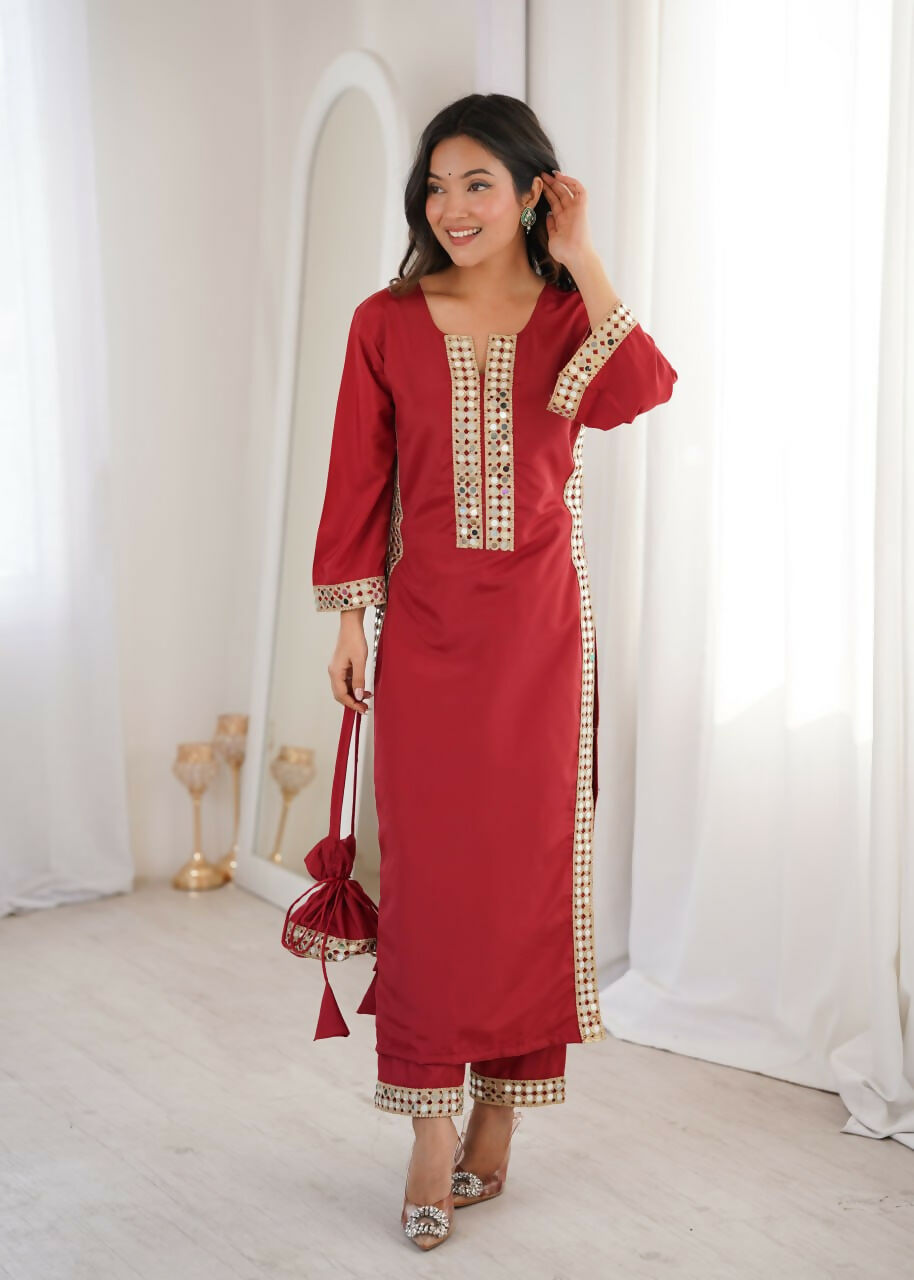 Teeya Creation Womens New Trending Maroon Color Natural Crepe With Real Mirror Lace Work Kurta Set