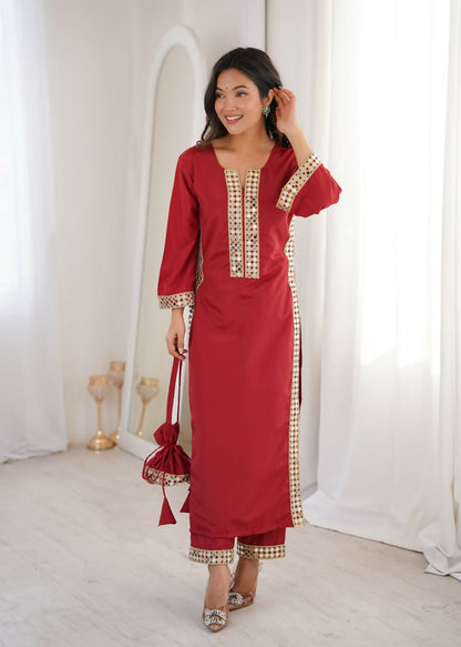 Teeya Creation Womens New Trending Maroon Color Natural Crepe With Real Mirror Lace Work Kurta Set