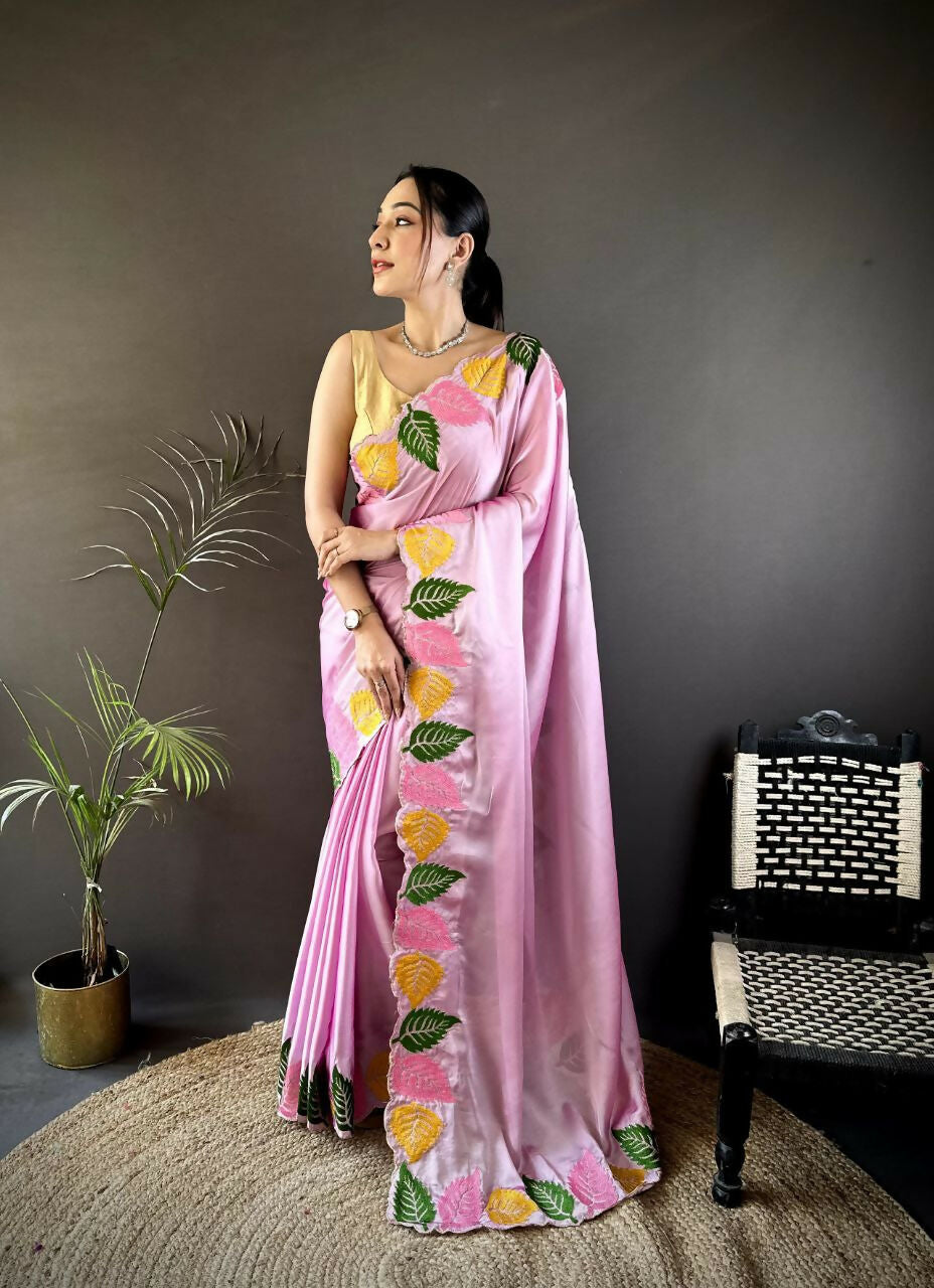 Prime Volt Multicolor Leaf Embroidery Rangoli Silk Saree with Scalloped Border-Pink