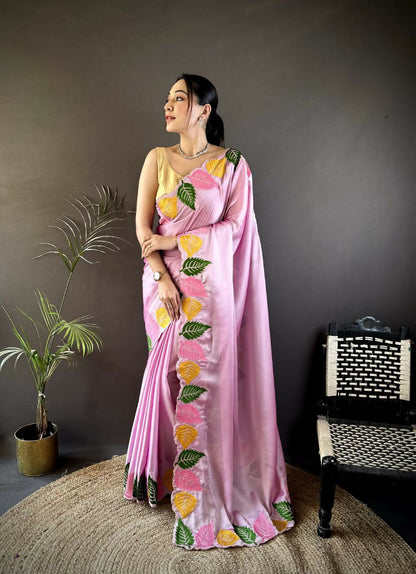 Prime Volt Multicolor Leaf Embroidery Rangoli Silk Saree with Scalloped Border-Pink