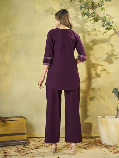 Teeya Creation Wine Embroidered Cotton Co-ord Set for Women