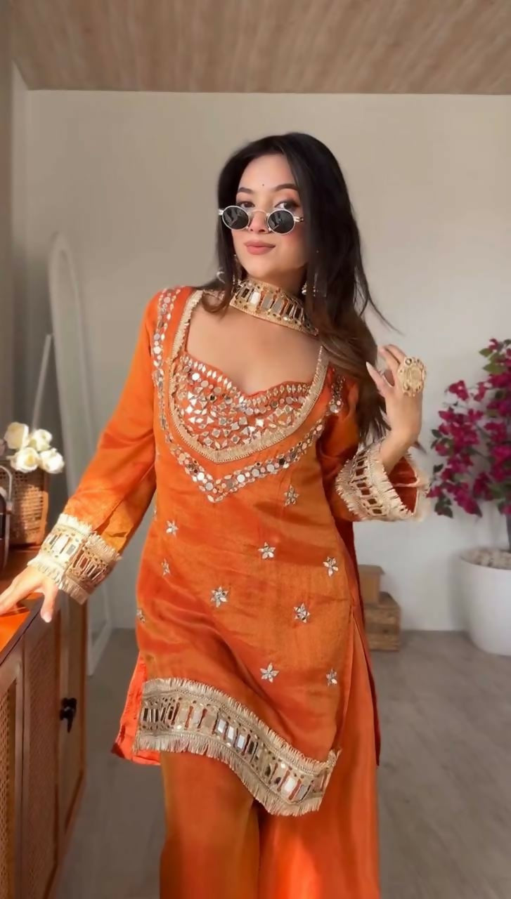 Teeya Creation New Trendy Stylish Real Mirror Work With Lace Border Orange Kurta Set