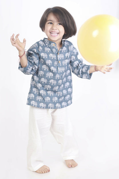 Breathables Kids Boys & Girls Cotton Night Suit  Grey Elephant Print Kurta & Pyjama Co-Ord Set