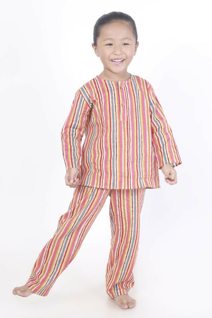 Breathables Kids Cotton Stripes Print Kurta Pyjama Night Suit - Multicolor