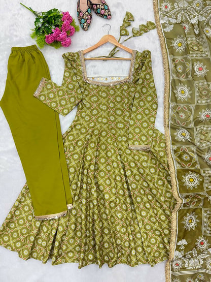 Teeya Creation Olive Green Floral Printed Anarkali Suit with Detailed Square Neckline