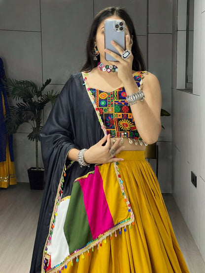 Yash Enterprise Mustard Rayon Cotton Embroidery Semi Stitched Navratri Chaniya Choli