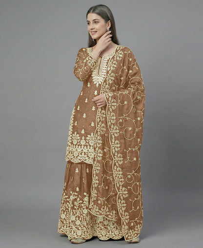 Teeya Creation Womens New Trendy Pure Gmy Silk With Heavy Embroidery Sequence Work Gold Kurta Set