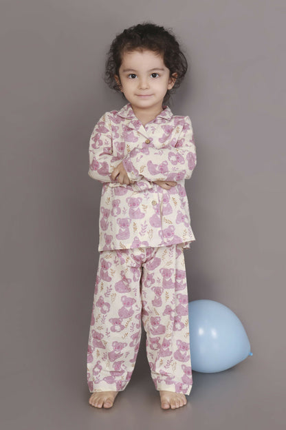 Breathables Kids Cotton Night Suit  White & Pink Teddy Shirt & Pyjama Co-Ord Set For Boys & Girls