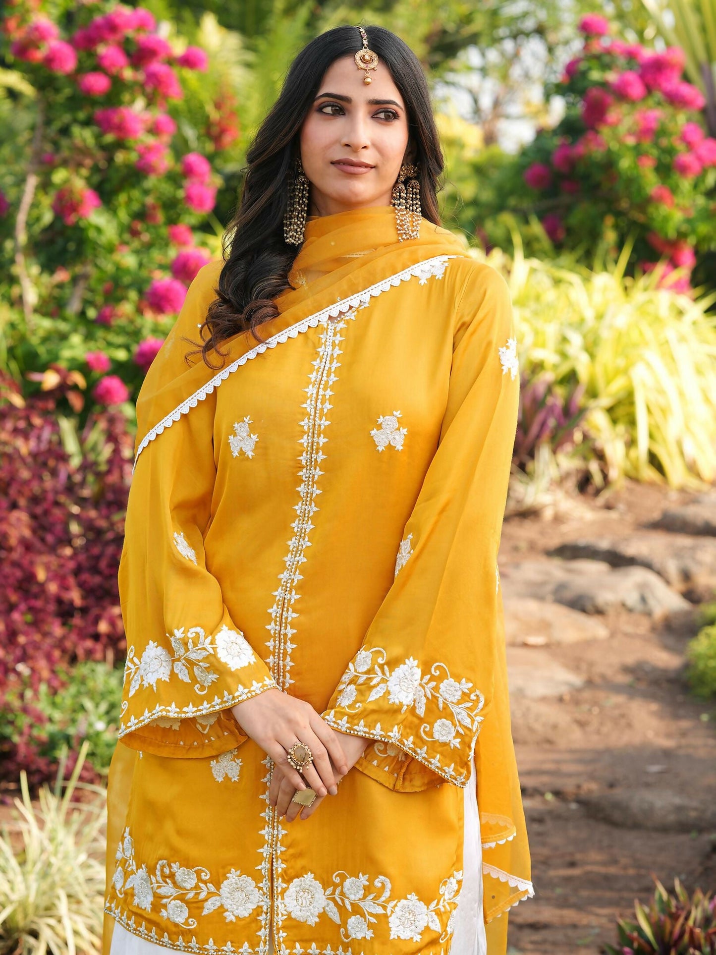 Nikhaar Yellow Embroidered Modal Silk Stitched Straight Cut Kurta Kalidar Palazzo Dupatta Readymade Suit