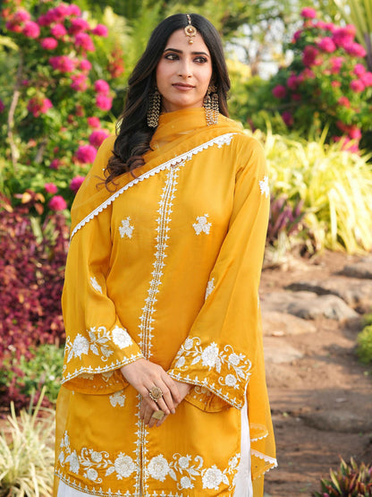 Nikhaar Yellow Embroidered Modal Silk Stitched Straight Cut Kurta Kalidar Palazzo Dupatta Readymade Suit