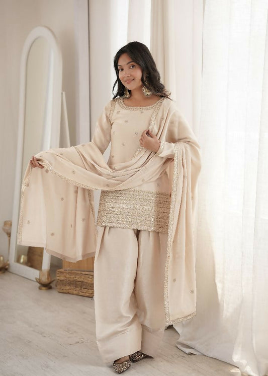 Teeya Creation Beige Silk Embroidered Kurta Salwar Suit Set With Dupatta