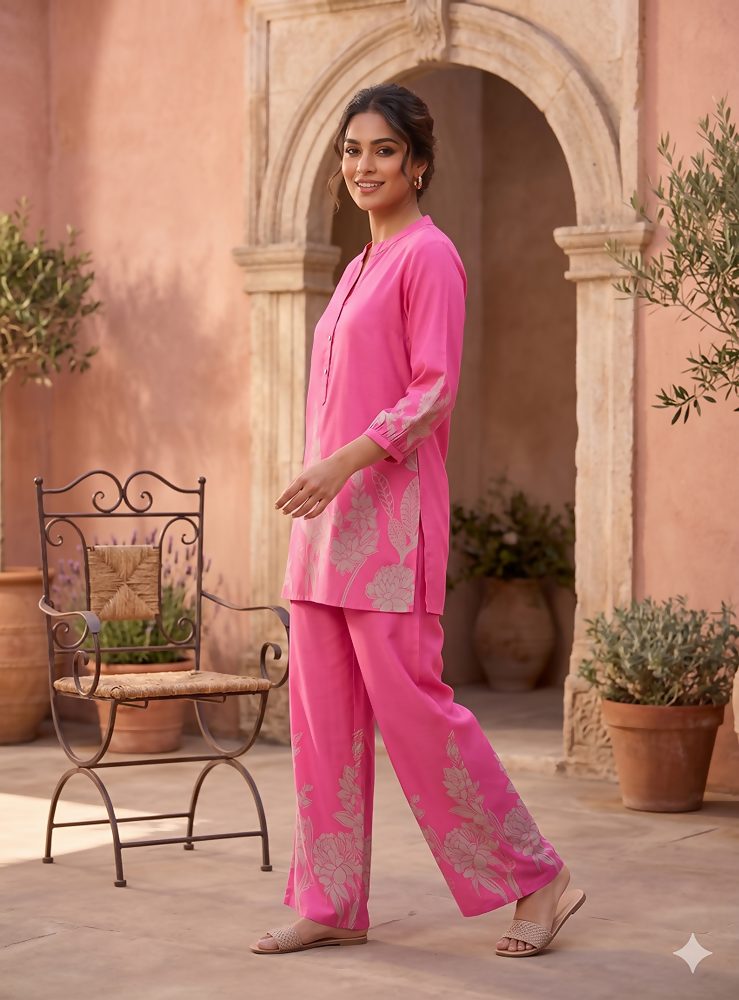 Teeya Creation Stylish Pink Casual Co-ord Set with Floral Print