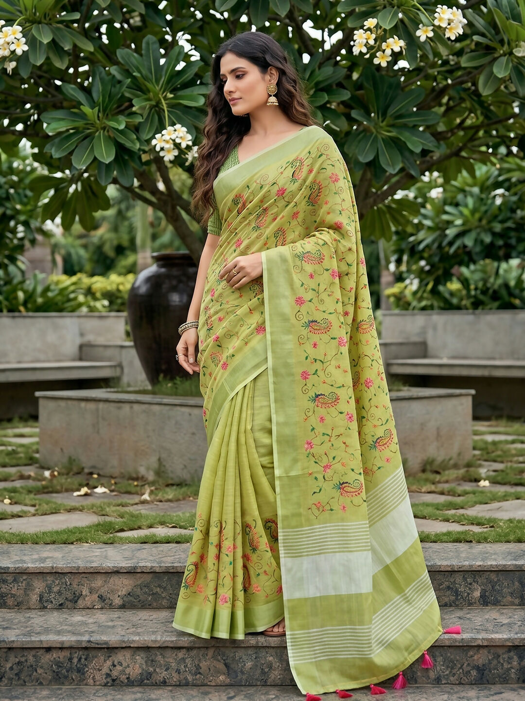 Shree Shyam Fashion Yellow Green Linen Saree