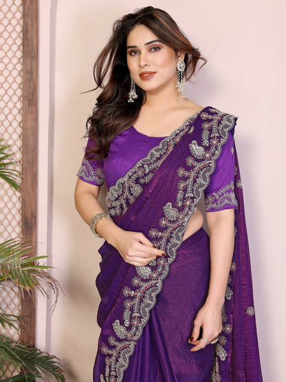 Teeya Creation New Womens Latest Party Wear Soft Chiffon Silk Saree-Purple