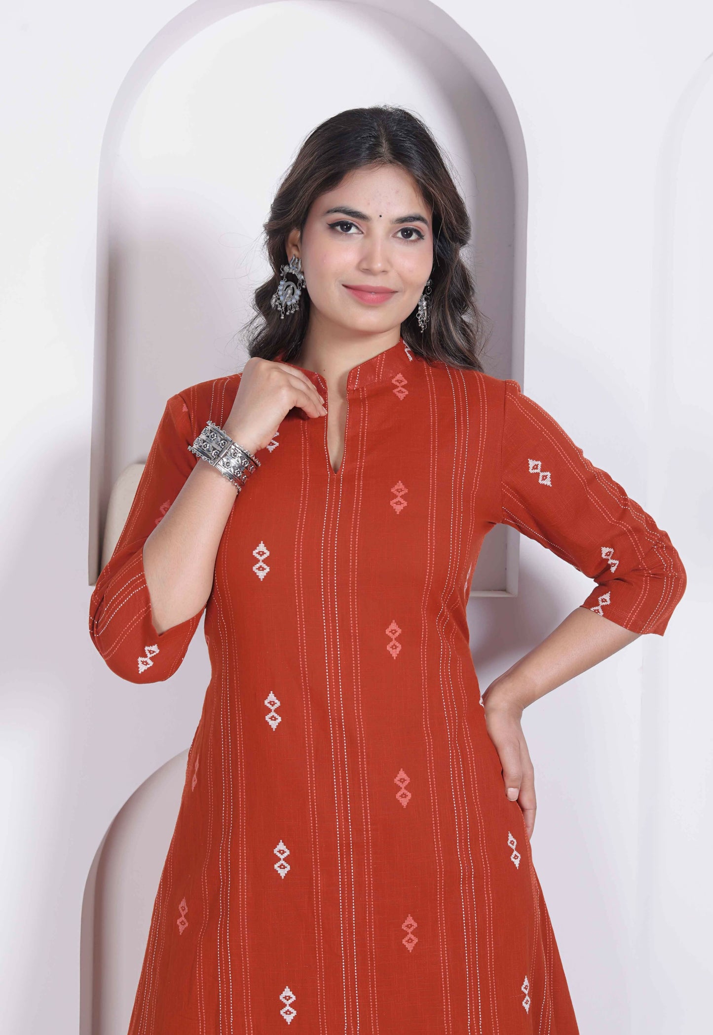 Miravan Womens Rust Color Abstract Printed Cotton Kurta With Palazzo
