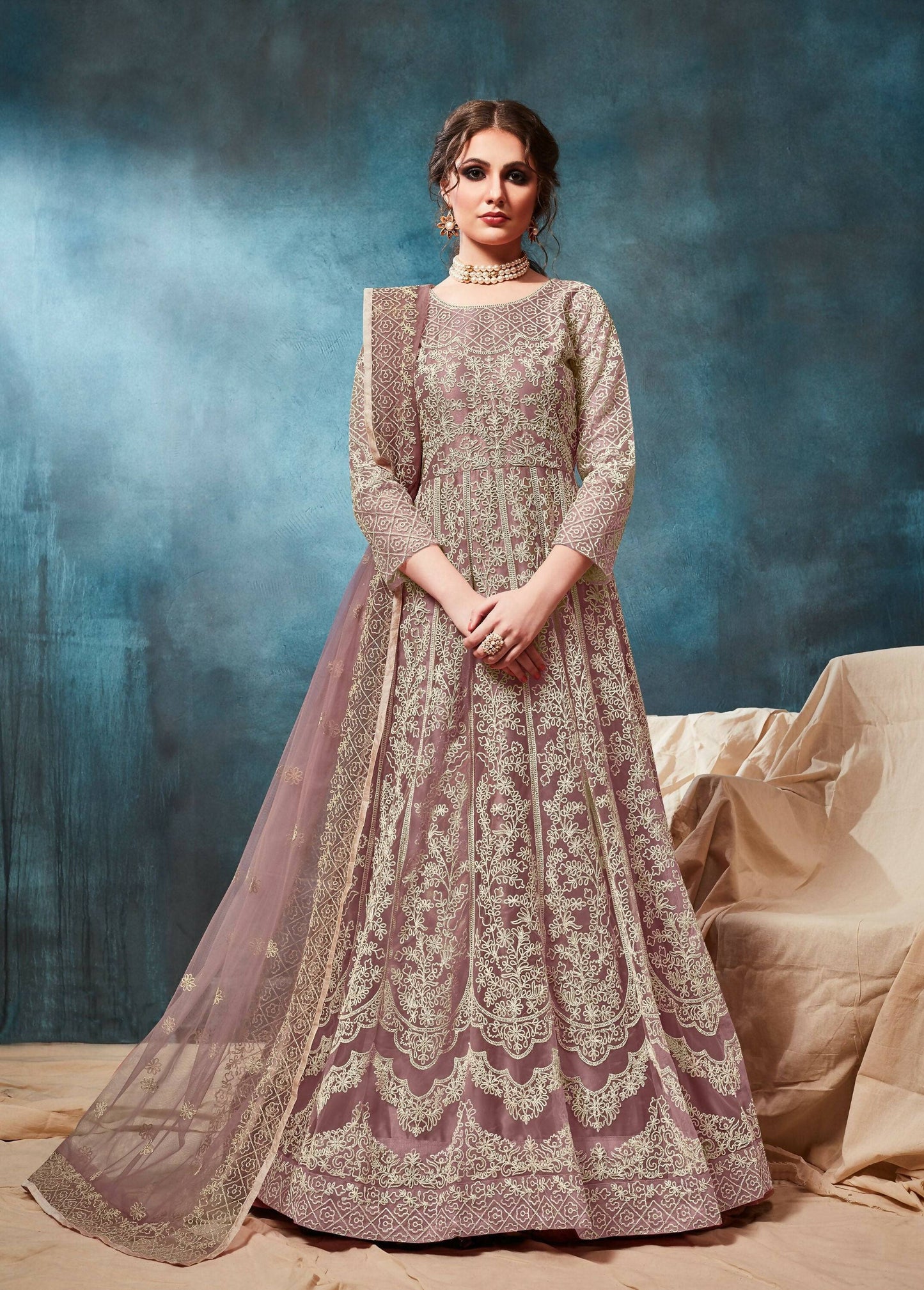 Anaita Light_Brown Embroidered Net Anarkali Suit
